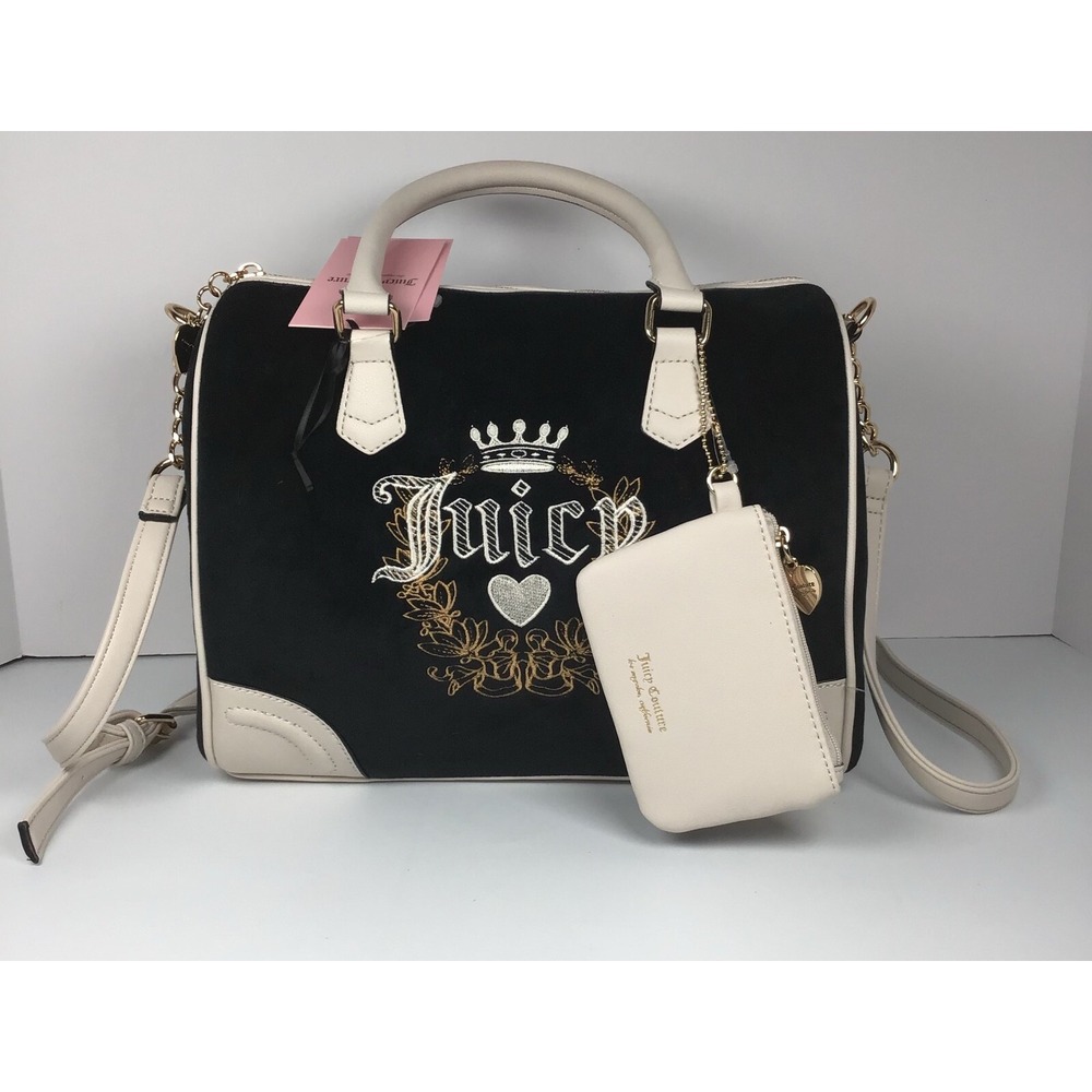 Juicy Couture Velour Heritage Satchel Purse Bag Black Liquorice/Angel NWT